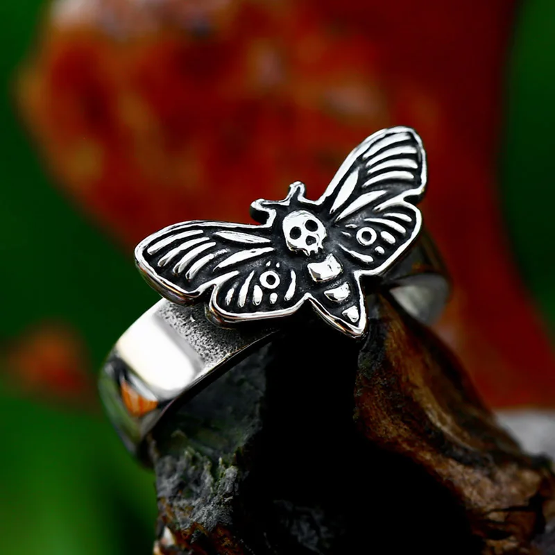 BEIER 2023 New Style Stainless Steel Skull Moth Ring Acherontia Lachesis Ring Punk Biker Women\'s Ring Girl Jewelry Party Gift