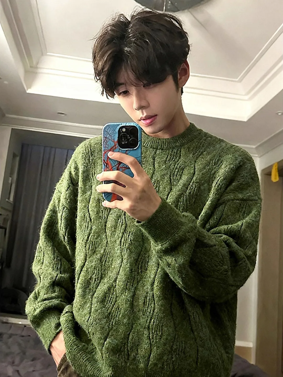 

Мужской вязаный свитер Cleanfit: утепленный, повседневный, с длинным рукавом, круглым вырезом, узором косы, для молодежи.