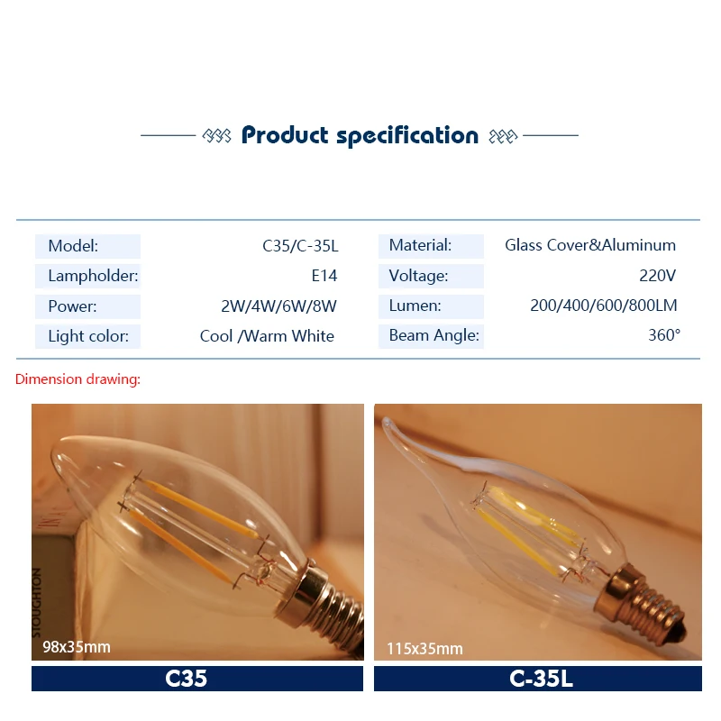 LED Bulb C35 E14 220V 2W 4W 6W 8W Design Energy Saving Candle Cold/Warm White Filament Light 360 Degree Vintage Edison Lamp