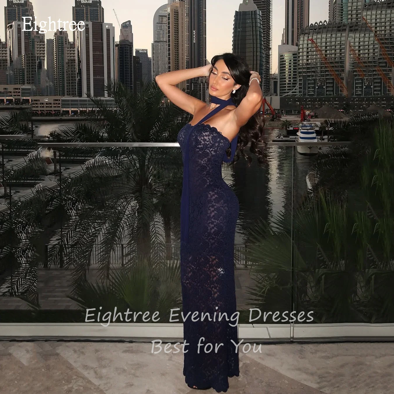 Eightree Sexy Navy Blue Lace Mermaid Prom Dresses Strapless Party Gowns Floor Length Evening Dress Gown 2025 Customized