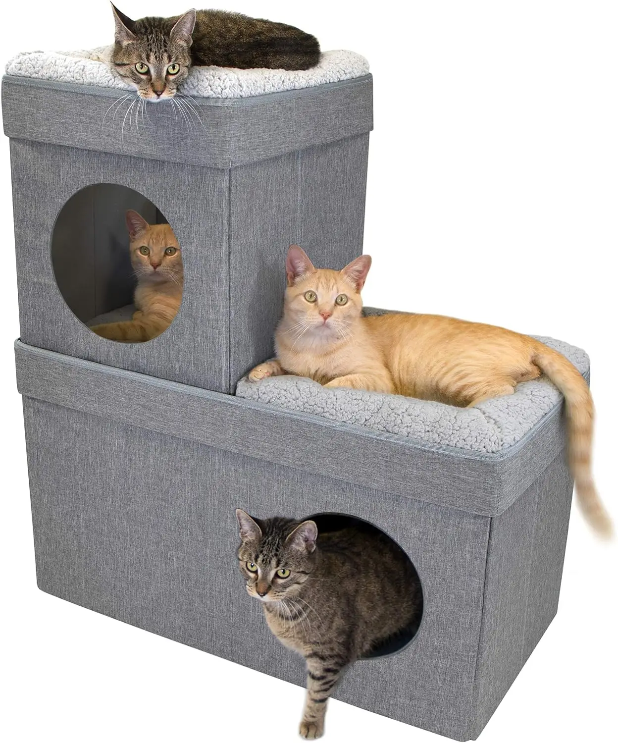Kitty City Large Stackable Cat Condo & Cube House, Modular Indoor Cat Furniture with Plush Washable Beds, Collapsible Cat Cave &