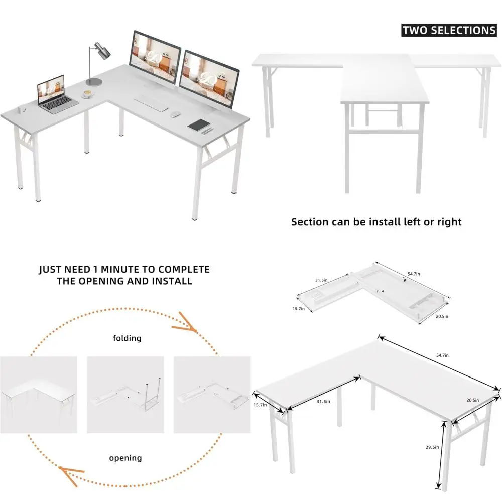 Large Corner Desk - Reversible L-Shaped Folding Table for Home Office, Computer Desk in White