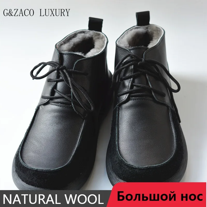 

Real wool lace-up snow boots man sheepskin leather boots casual winter shoes men's wool fur short boots genuine leather wide toe
