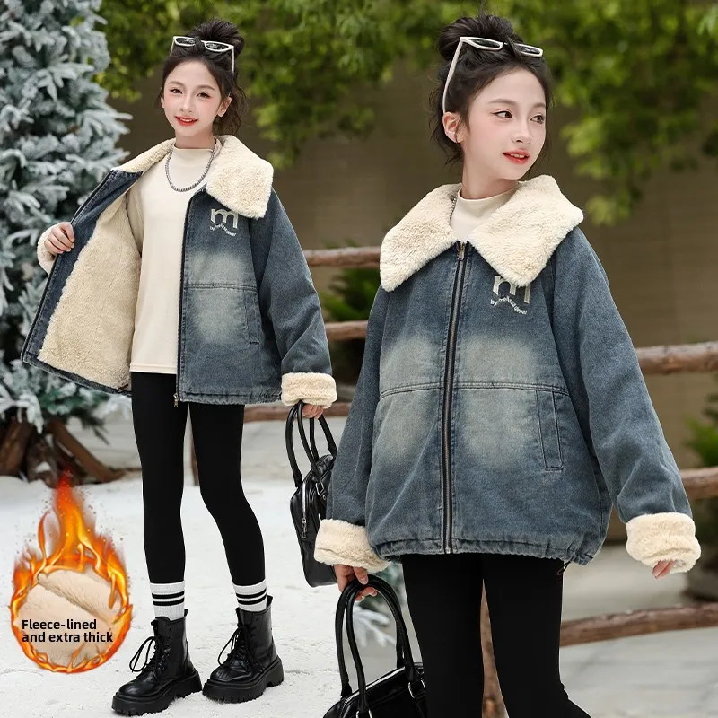 

Джинсовая куртка для девочек, осень-зима, теплая теплая подкладка, младшие школьники, модный верх, длинная застежка-молния...