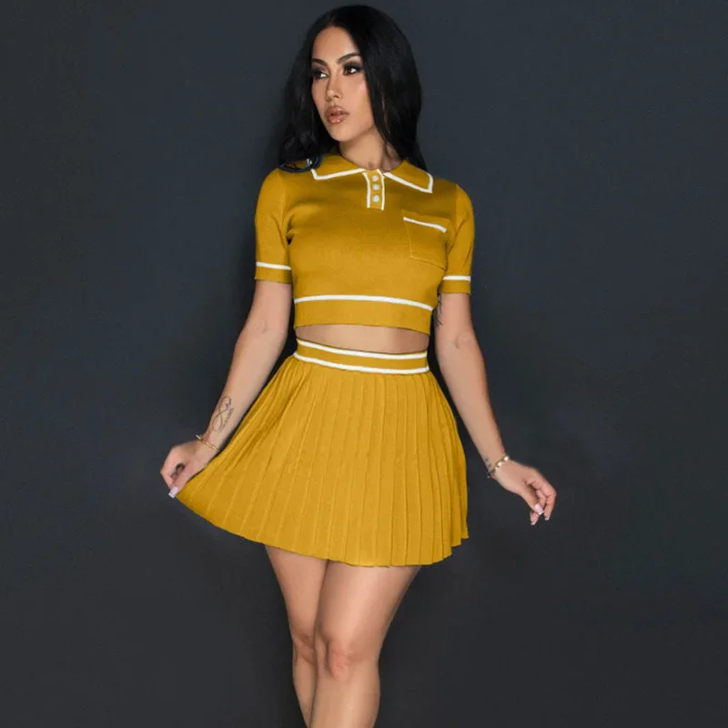 Striped Knit Matching Set Women Two Piece Set Club Party Crop Top and Pleated A-line Mini Skirt Sets Enseble 2 Pieces Femme