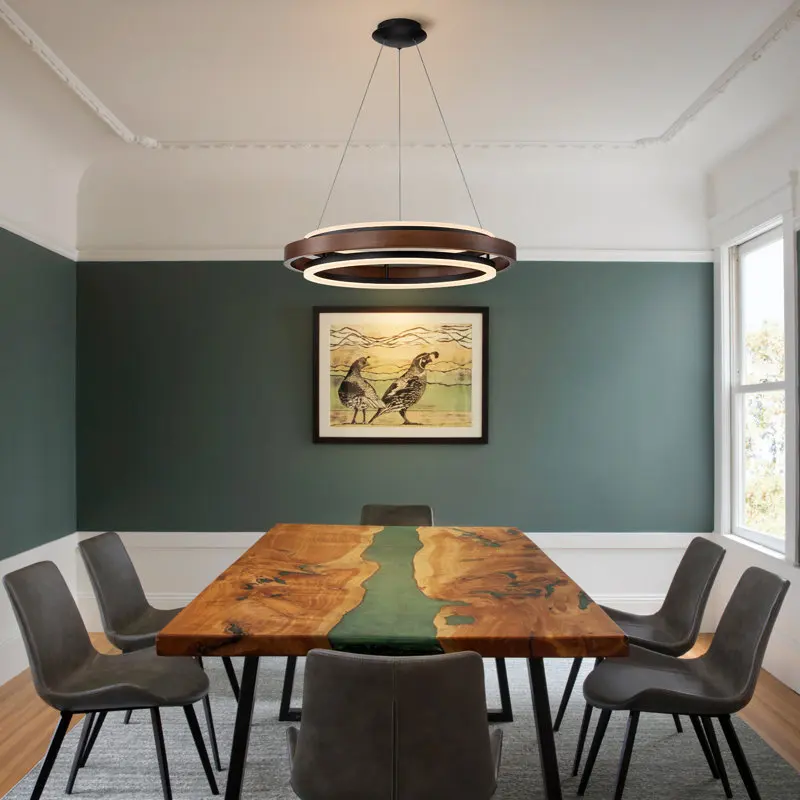 Modern Minimalist Black Metal Double Ring Pendant Light with Wood Grain LED Strip for Dining Room Home Interior