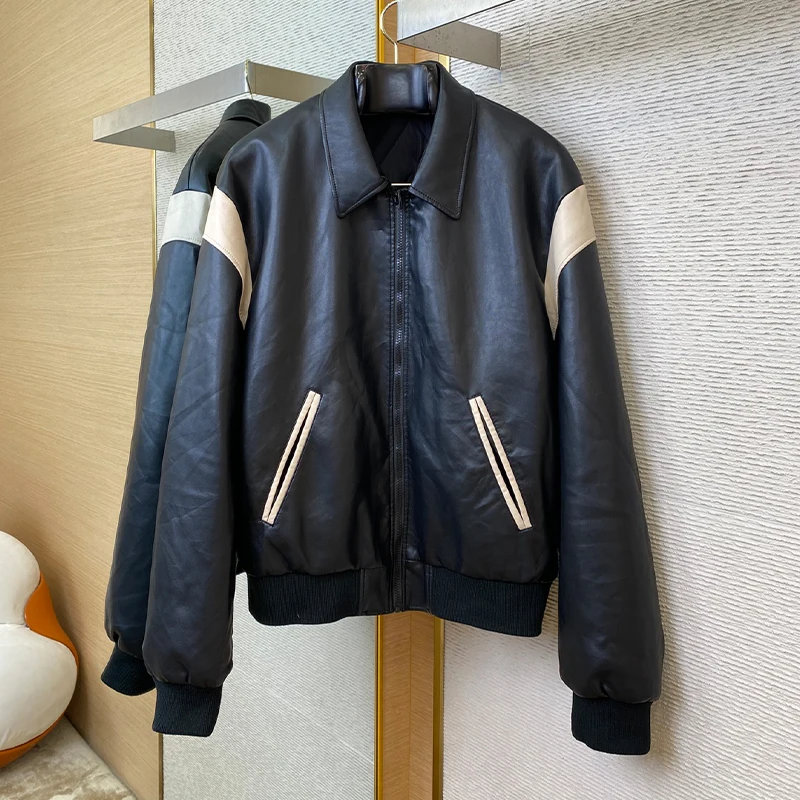 NIGO Men's Fall And Winter Lapel Zipper Black Loose Lambskin Jacket Ngvp # ไนโก9711