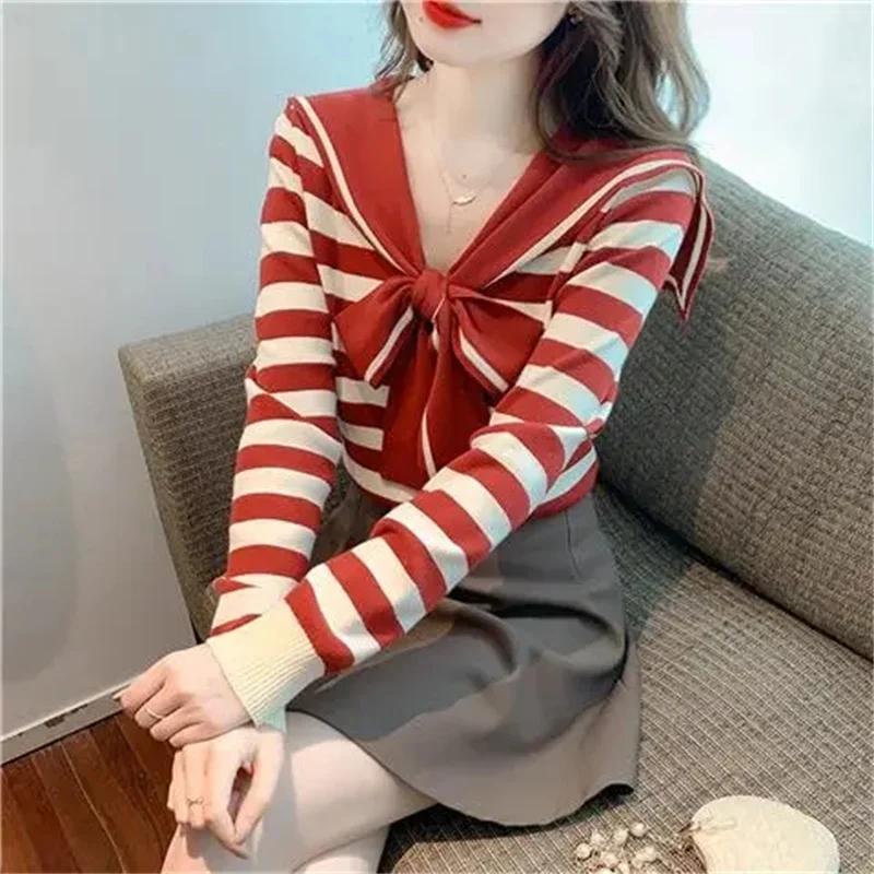 2024 Women Fashion Long Sleeves Sweater Spring Autumn Female Navy Leader Stripe Pullover Knitting Korean Lady Loose Fit Knitwear