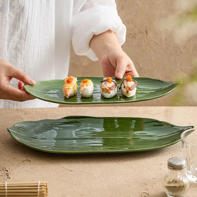 Green Bamboo Leaves Ceramic Sushi Plate,Special Texture Long Plate,Japanese Cuisine Sashimi Plate, Pastry Dessert Tableware
