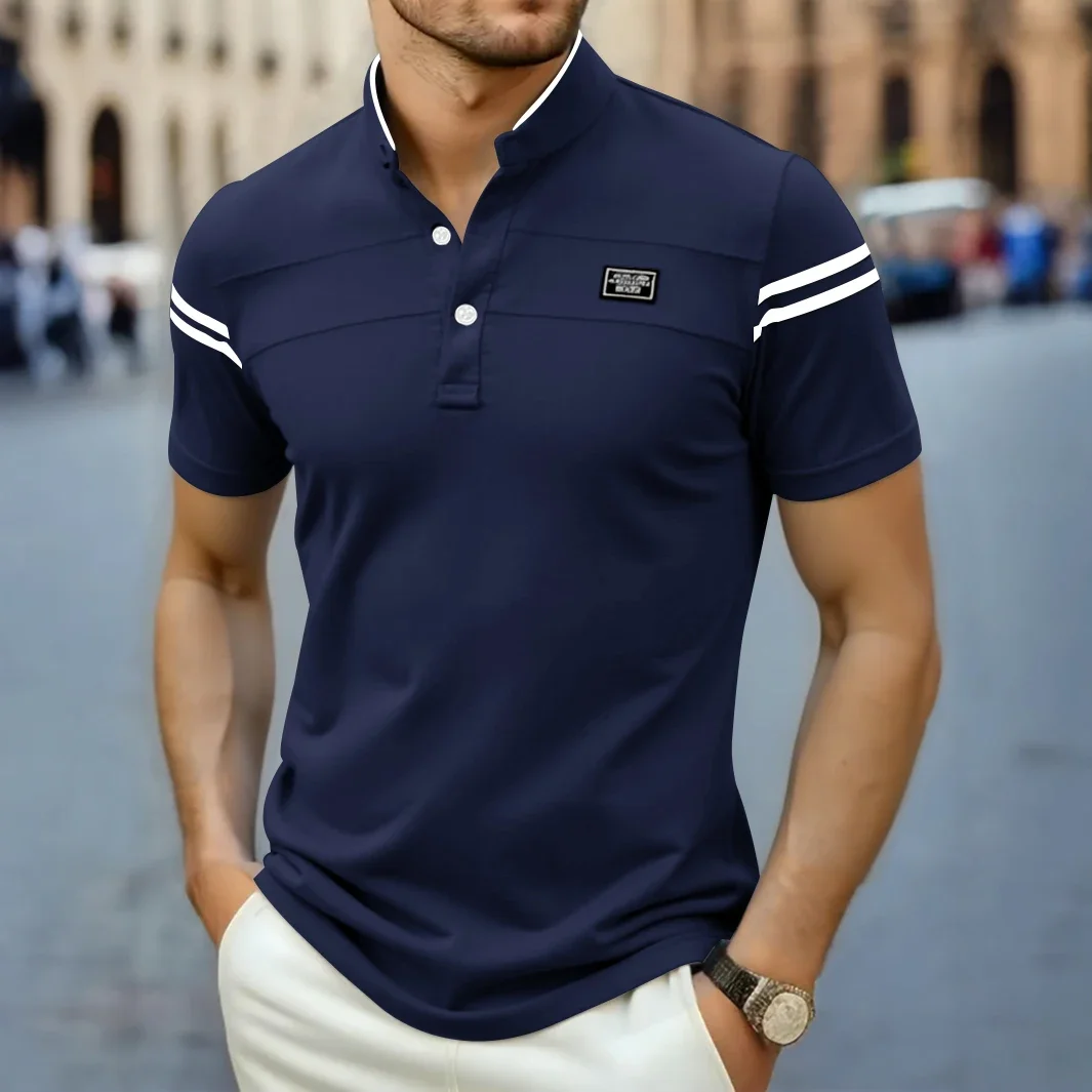 2025 New Men's Casual Fashion Solid Color Short Sleeved Polo Shirt Stand Up Collar Versatile Comfortable Top