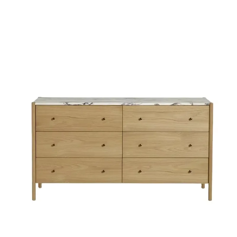 Nordic Style 6-Drawer Chest Drawers Marble Top Modern Light Oak Bedroom Living Room Dresser Storage Cabinet Solid Wood
