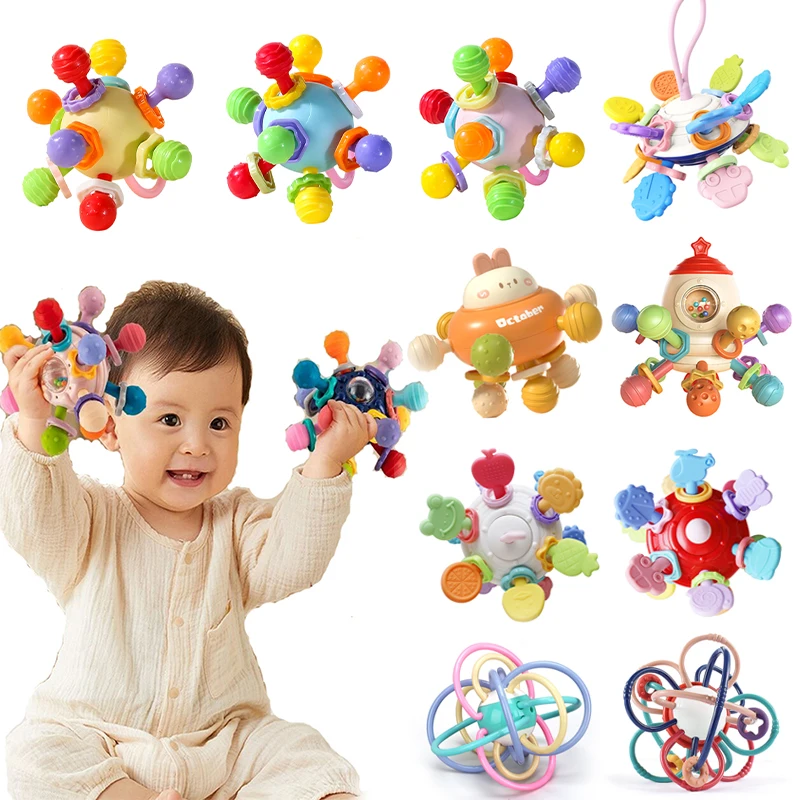 

Montessori Baby Toys 0 12 Months Rotating Rattle Silicone Teething Toys Ball Grasping Activity Development Baby Sensory Toy