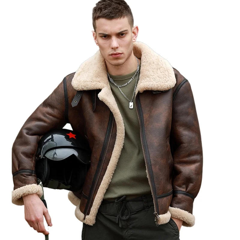 Man Winter Coat Genuine Leather Natural Sheepskin Shearling Jacket for Male Motorcyclist Pilot Biker Brown Big Size 5XL 6XL 7XL