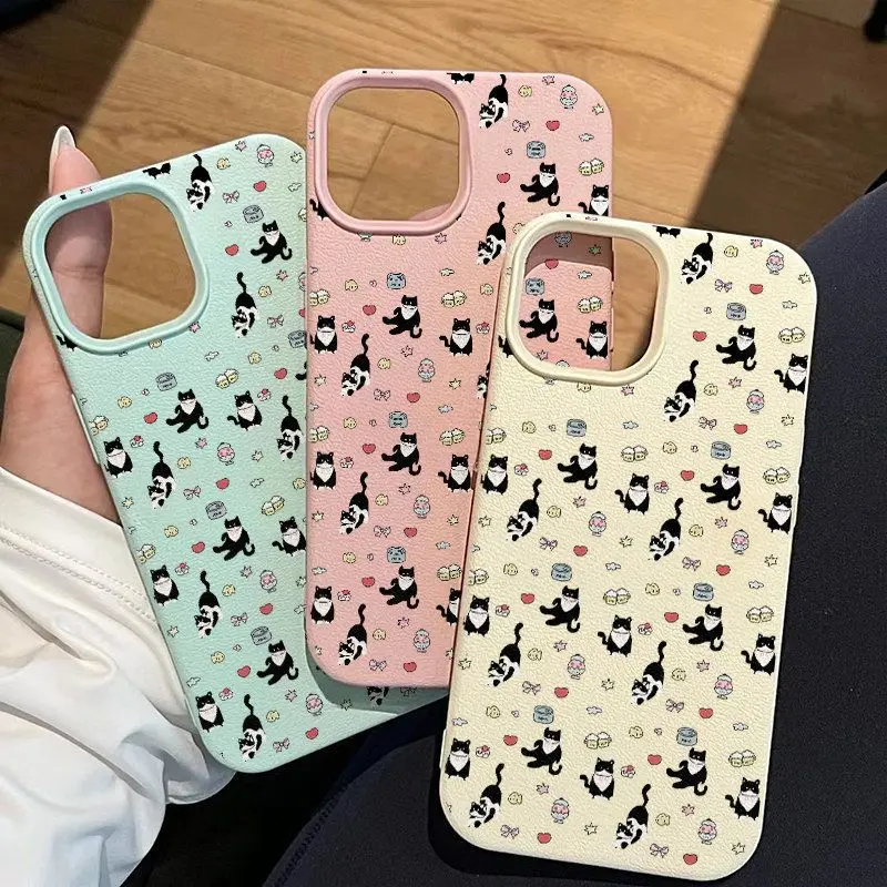 Luxury Cute Cat Phone Case for IPhone 11 12 13 15 14 16 ProMax 16Plus 7 8 Plus XR XSMax X Soft TPU Frosted Lychee Silicone Cover