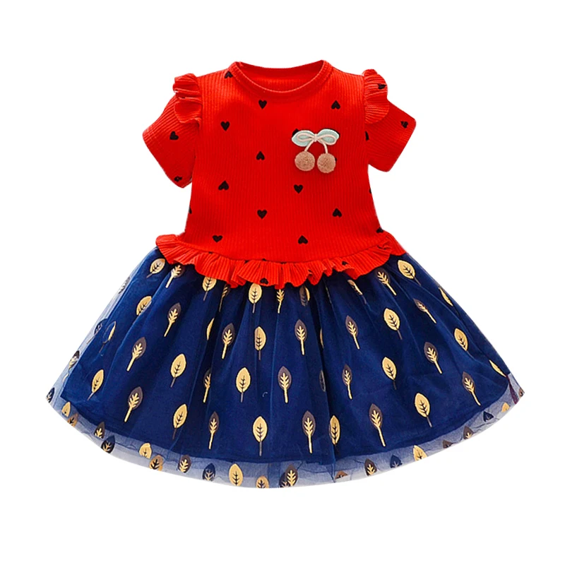 Summer Casual Baby Girls Short Sleeve Heart Leaves Pattern Patchwork Dress Kids Toddler Princess Sundress 1-8T