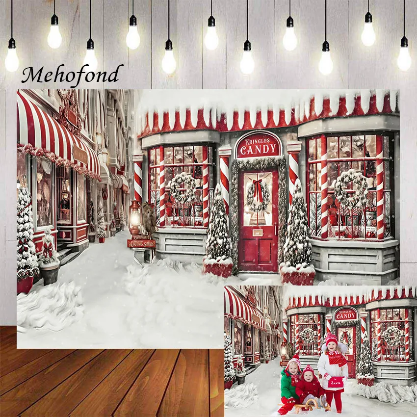 Mehofond Photography Background Christmas Candy Shop Windows Winter Snow Xmas Tree Family Portrait Decor Backdrop Photo Studio