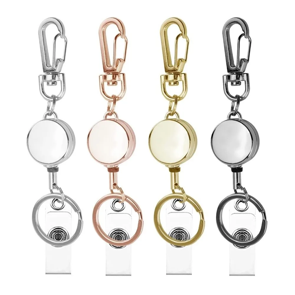 Zinc Alloy Retractable Badge Reel Anti-Loss Retractable ID Card Holder Clip with Carabiner Key Ring Heavy Duty Lanyard Pull Reel