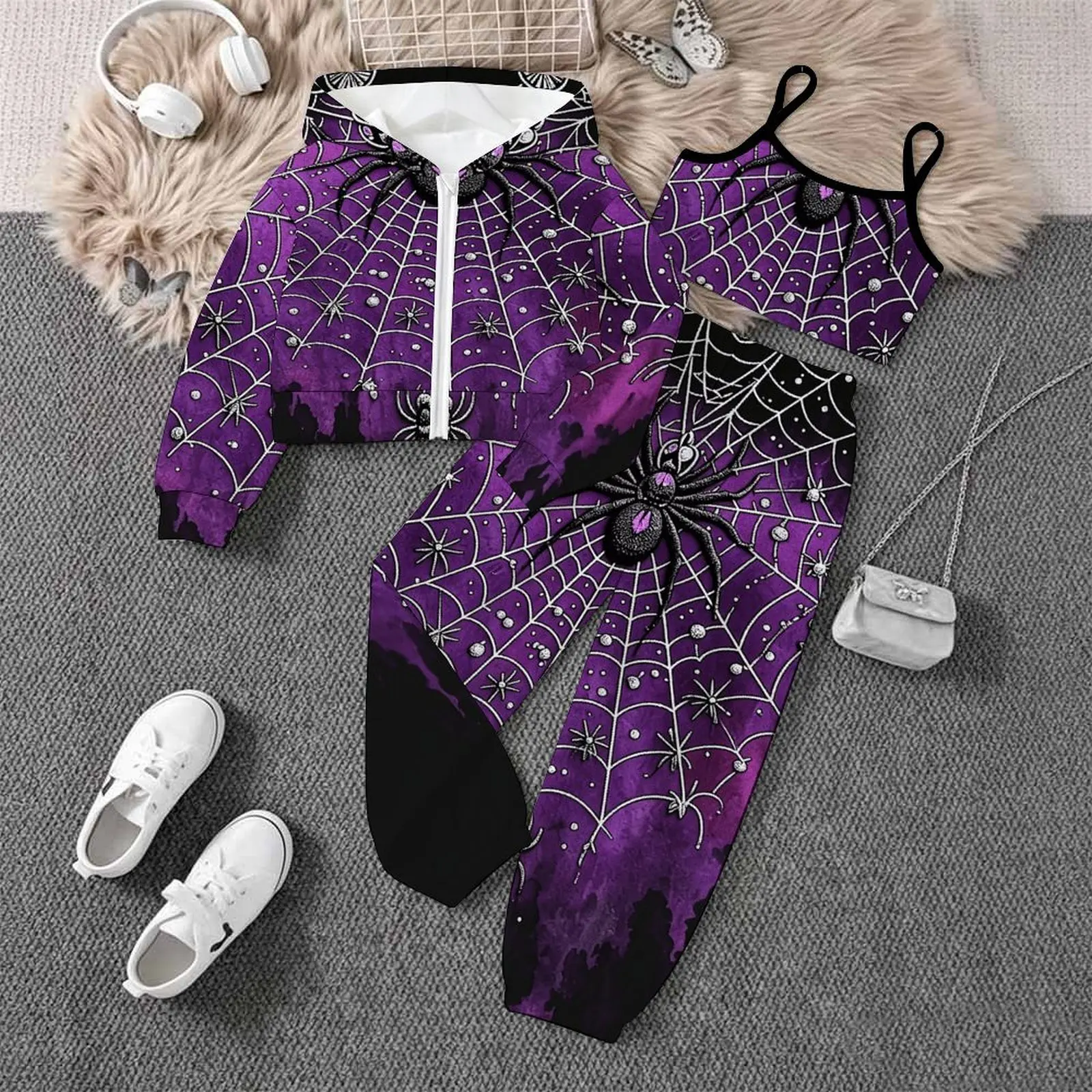 Fashion Coat All Hallows' Day Vest Daily Pants Children's Jogging Pants Casual Pants Autumn Winter Girls' Printed Three Piece