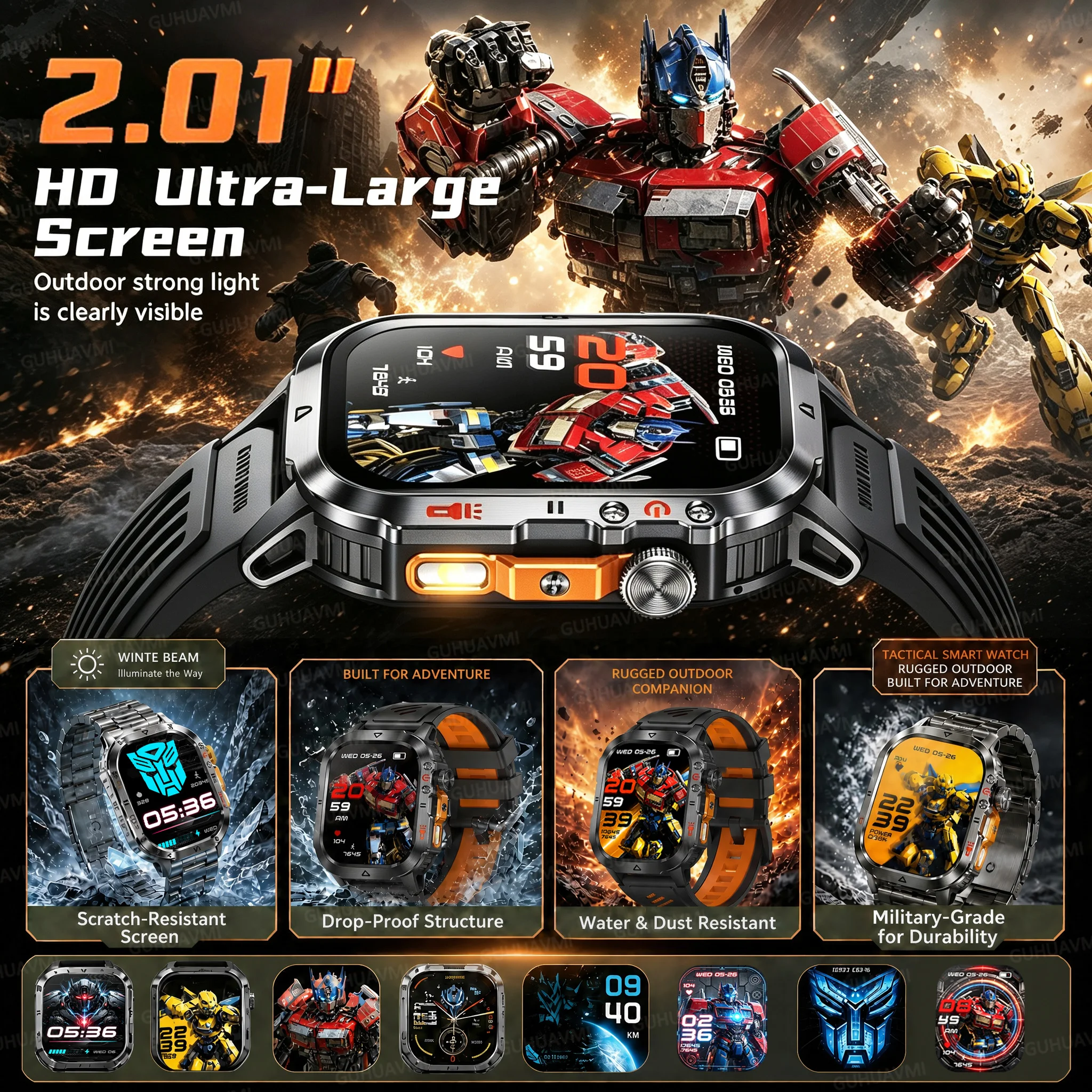 Transformers Tank Military Smart Watch 1000mAh 5ATM Waterproof LED Flashlight 100+ Sports Modes 2.01
