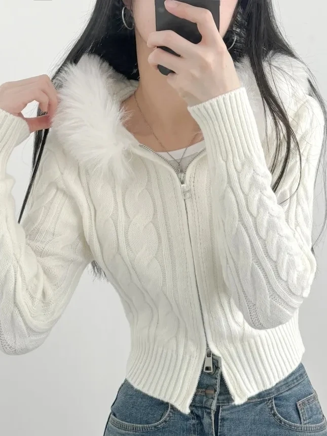 

Korean Sle ort Zipper Hooded Coat Women's Winter Faion Slim Fit Cardigan Thiened Knitted Sweater for Small Figures