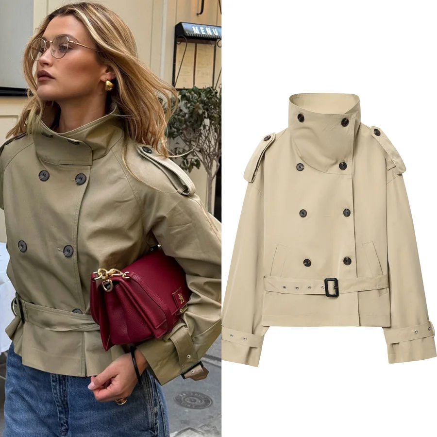 

Осенний укороченный плащ цвета хаки, женское короткое пальто, элегантное пальто с длинными рукавами, женский плащ, женская ветровка цвета хаки