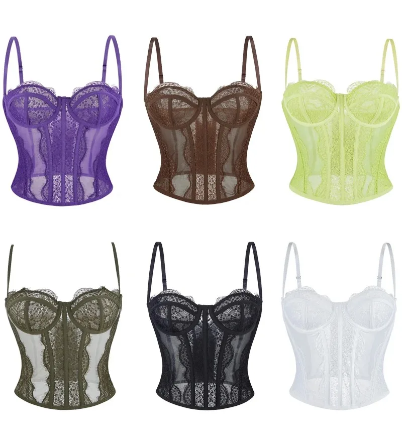 

Сексуальный женский кружевной сетчатый корсет на тонких бретельках с открытой спиной, летнее тонкое нижнее белье, бюстье, камзол, жилет с лямкой на шее