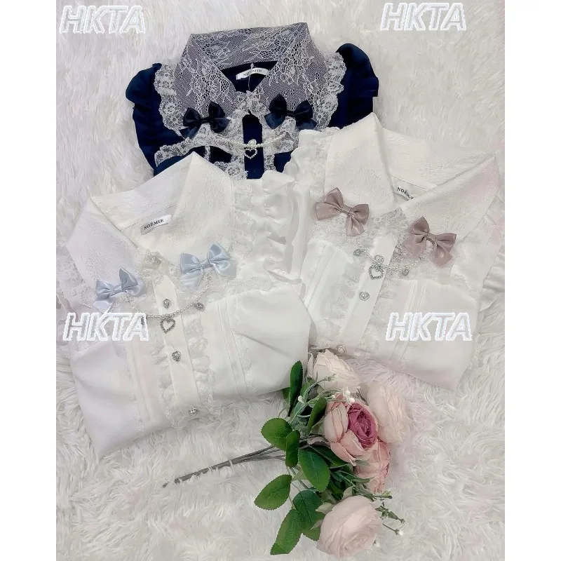

Japanese Lolita Shirts Women Girls Heart-shaped Pearl Pendant Lace Bow Blouses Sweet Girl Princess Long-sleeve Shirt Blouse Top