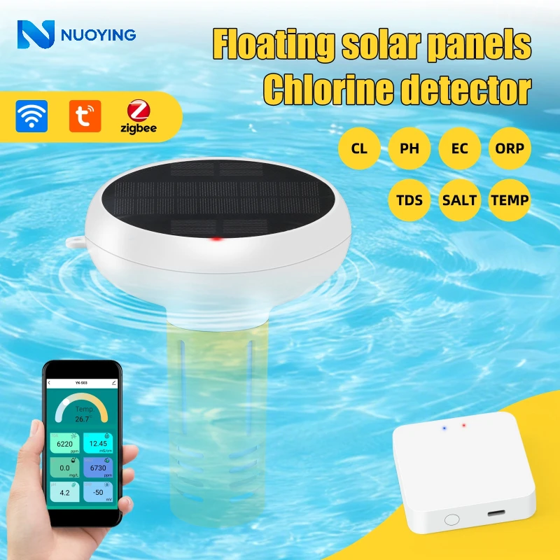 7-in-1 Multifunktionaler Schwimmender Detektor mit Solarbetrieb, Tuya ZigBee-Verbindung zur Messung von PH, ORP, TDS, Salzgehalt, Temperatur und Chlor für Aquarium, Pool und Spa-Wartung