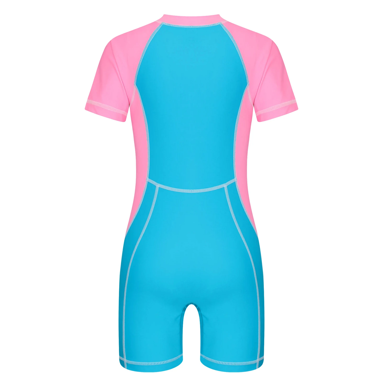 Kids Girls Boys One Piece Student Training Swimsuits Short Sleeve Front Zipper Jumpsuit Swimwear Beach Rash Guard Bathing Suit