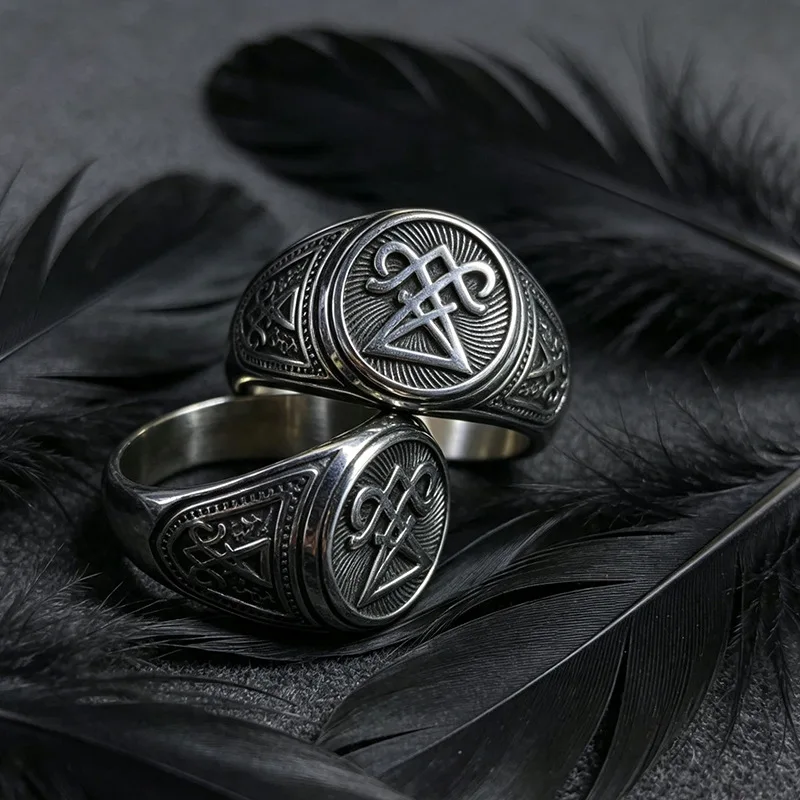 Retro Geometric Symbol Signet Ring Stainless Steel Embossed Wide Band Ring Unisex Punk Gothic Personality Finger Ring