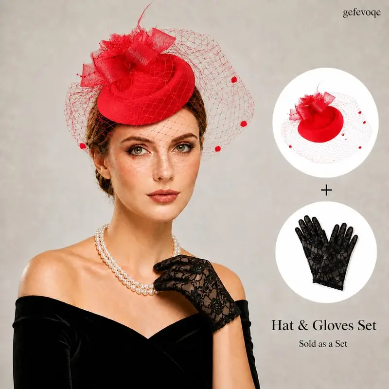 Womens Elegant Fascinator Hat with Lace Gloves Set Veil Bow Headpiece for Tea Party Wedding Cocktail Party Formal Events