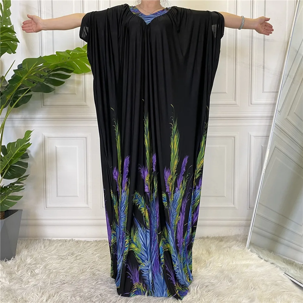 Sexy V-neck Summer Dress for Women Loose Muslim Printed Long Dress Casual Short Sleeve Ruffles Dubai Abayas Robe Elegante Femme