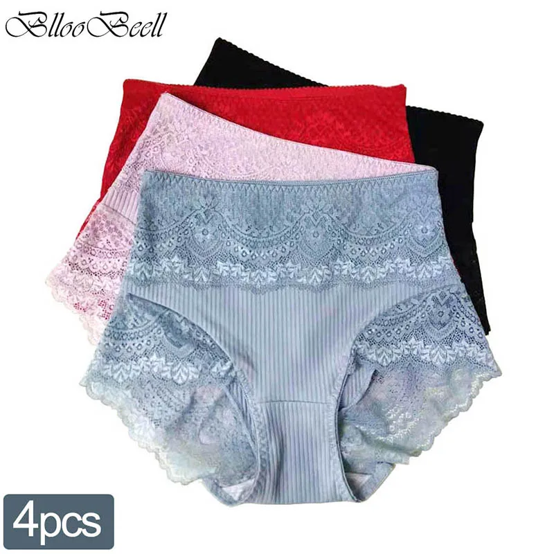 

4pcs High Rise Women's Cotton Panties Lace Underwear Sexy Seamless Briefs Tummy Solid Color Ladies Antibacterial Triangle Shorts