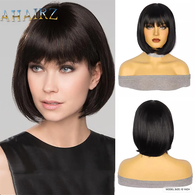 

Synthetic Short Bob Black Wigs with Bangs Straight Cosplay Lolita Wig for Women Daily Party Heat Resistant Realistic Fake Hair