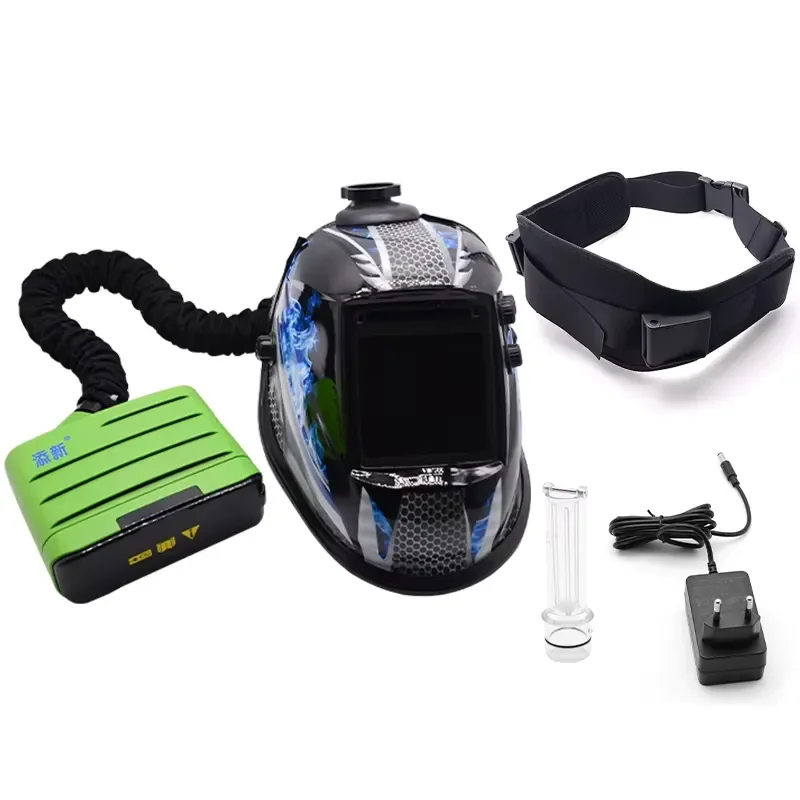 Solar-powered auto-dimming welded helmet with electric air purifier respirator kit