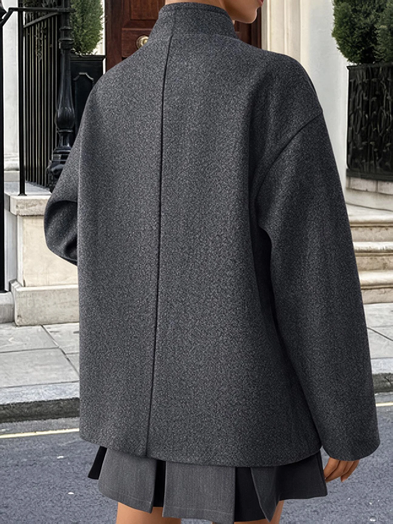 Double-Sided Grey V-Neck Loose Shoulder Women's Jacket Versatile Commute Warm Coat Elegant Fashion Outerwear