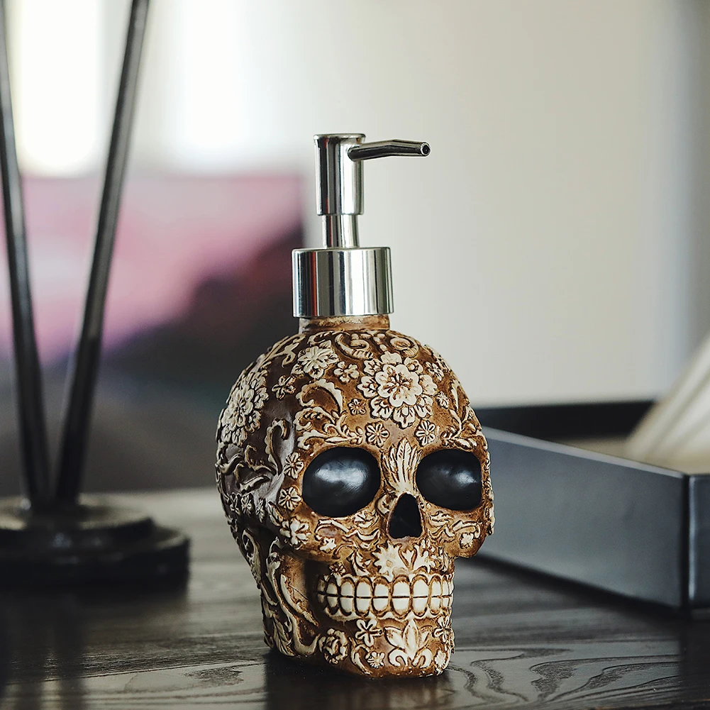 Skull Soap Dispenser Bottle Refill Pump Halloween Decor Shampoo Holder Soap Dispenser Ornament for Home Bathroom