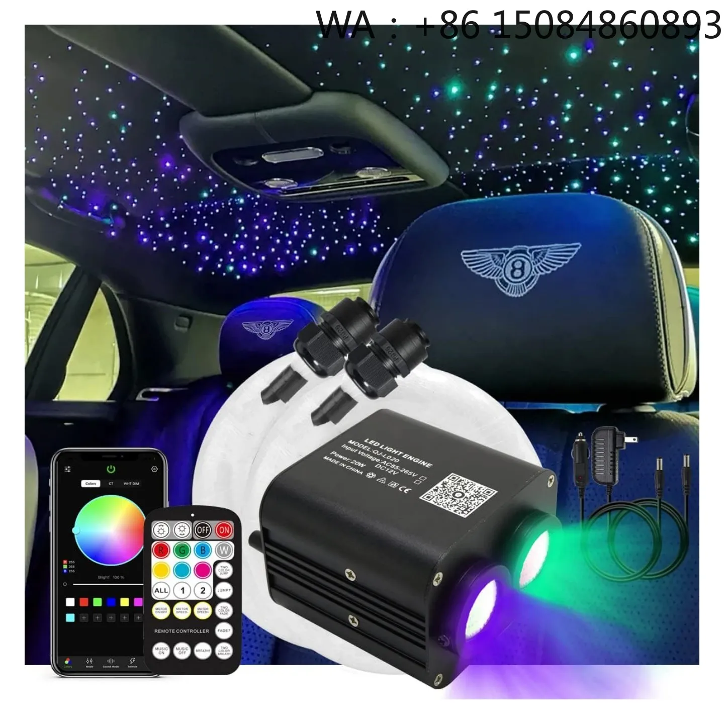 20W Dual Color RGBW Twinkle Starlight Headliner Kit 1050 Mixed Fibers Sound Activated APP Remote Control Car Ceiling Lamp
