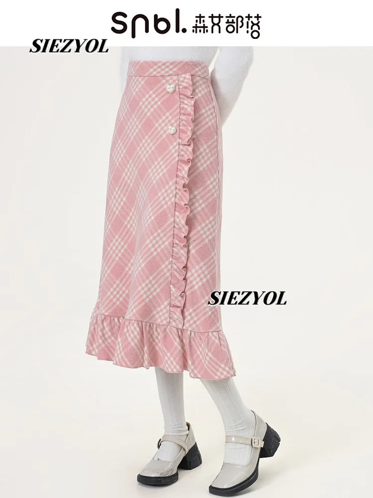 Original Plaid Pink Long Skirt Autumn New Fashion Versatile Cute Girls High Waist Lace Sweet A- Line Hip Umbrella Maxi Skirts