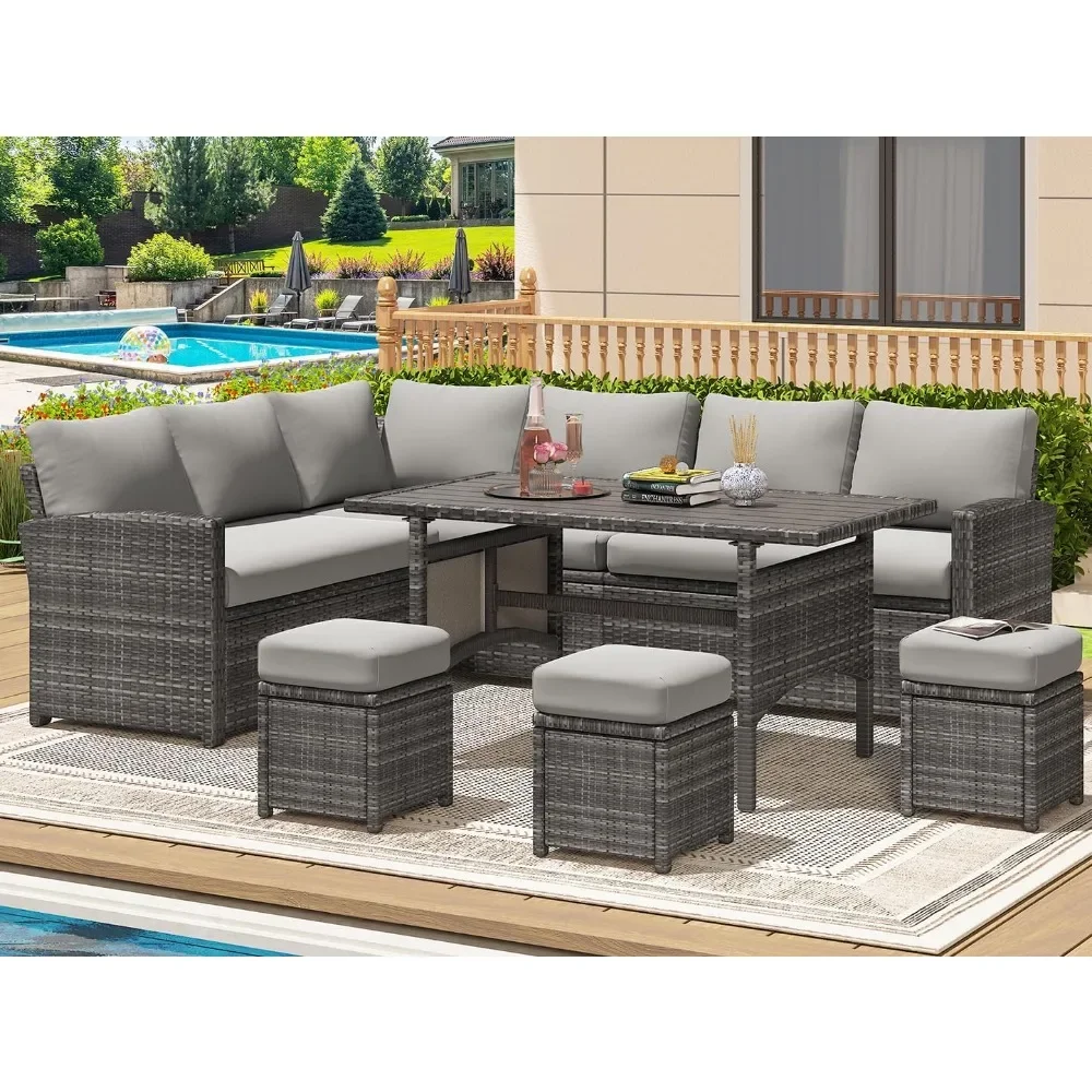 

7 Pieces Patio Furniture Set, Outdoor Sectional Sofa Conversation Set, All Weather Wicker Rattan Dining Table & Chair with