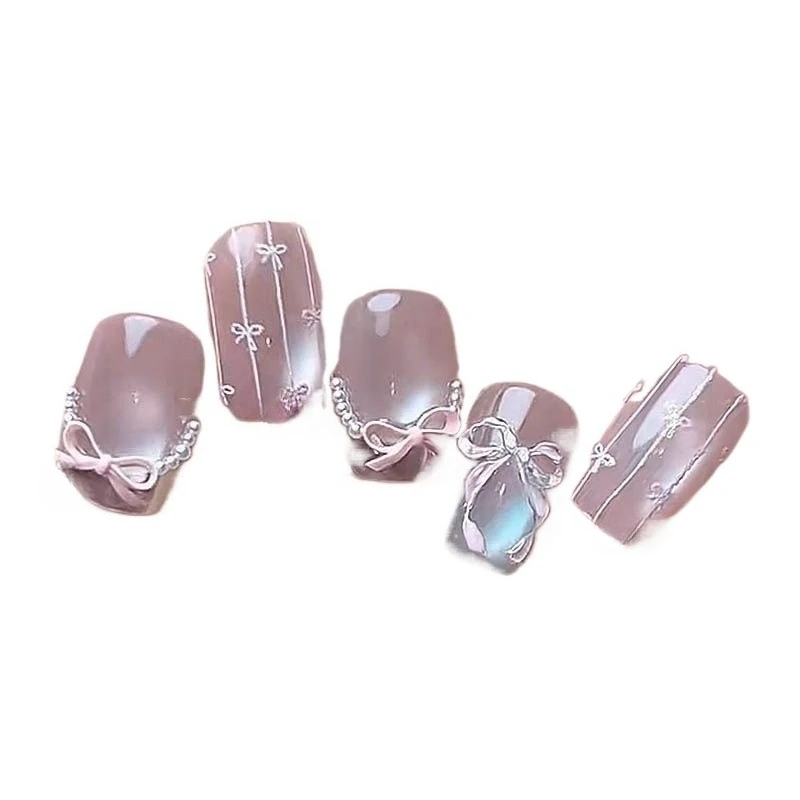 

Handmade armor 2025 new short high-end bow French cat eye whitening manicure