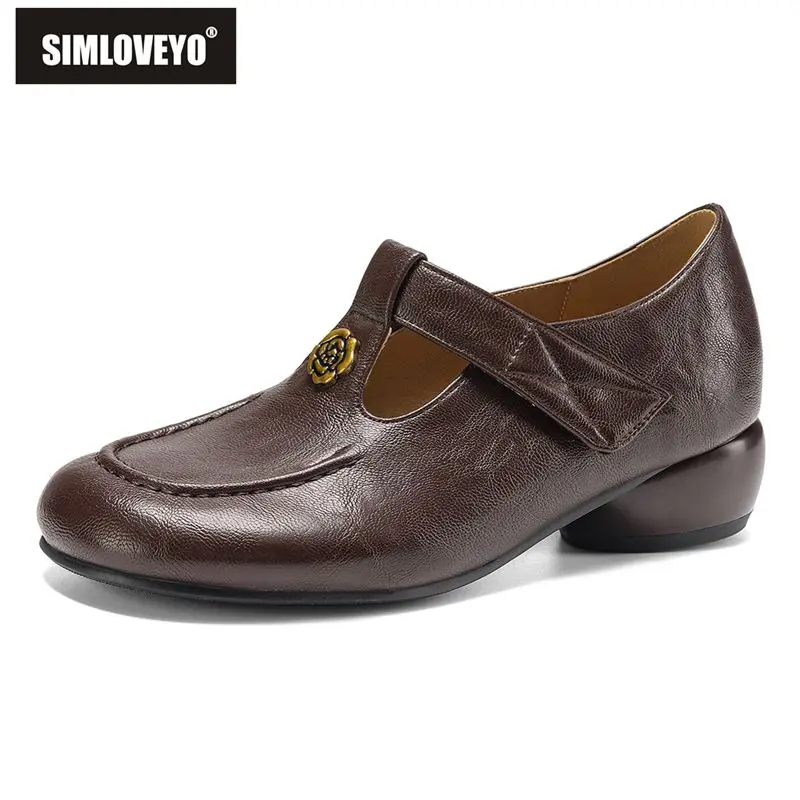 

SIMLOVEYO 2026 Новые женские туфли-балетки с круглым носком, ремешком на пряжке, металлическим цветком, милые повседневные туфли ручной работы, модель Мэри Джейн, большие размеры до 42