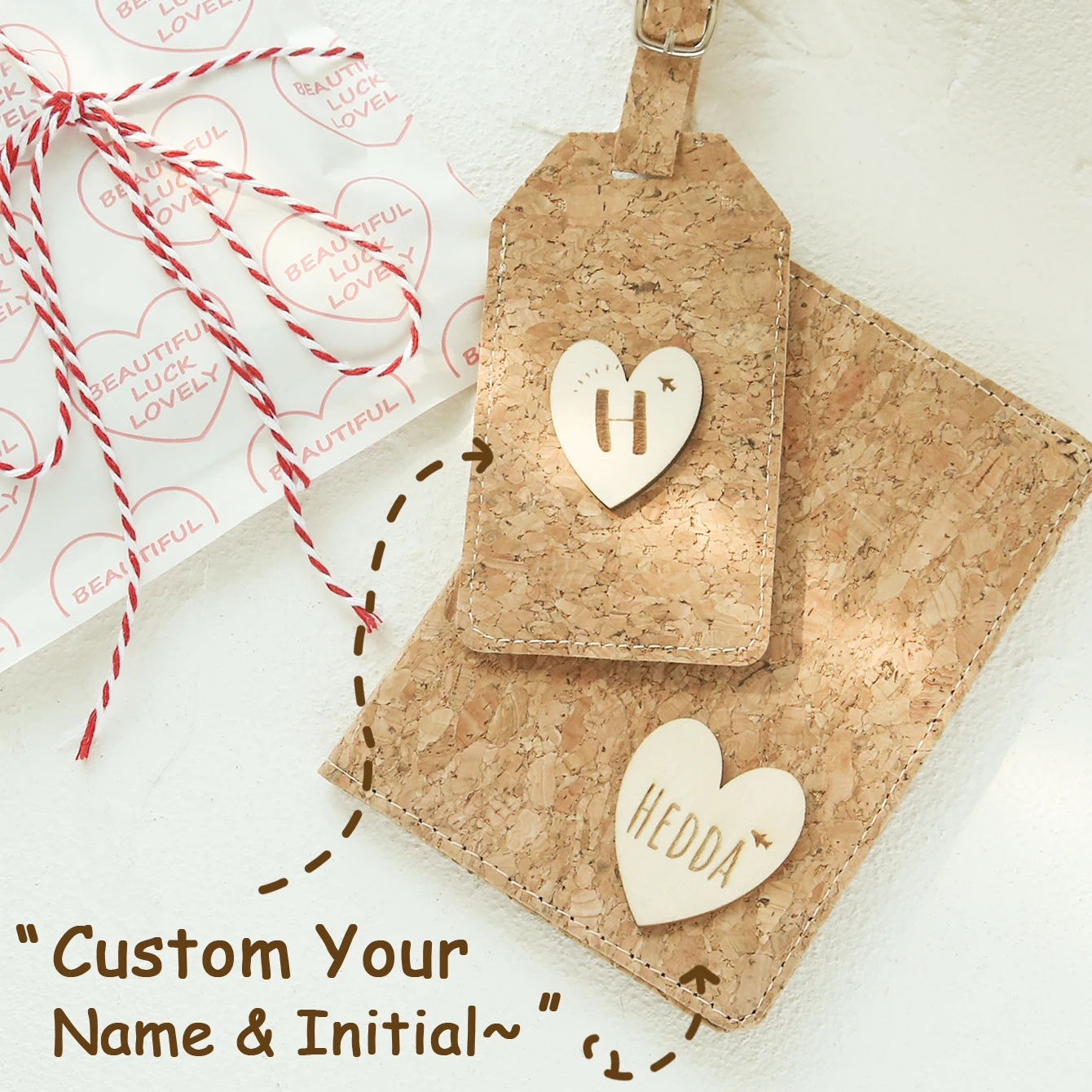 

2PCS Custom Initials Cork Passport & Luggage Set - Engraved Wood Texture, Handmade Gift for Christmas/Bridal/Birthdays