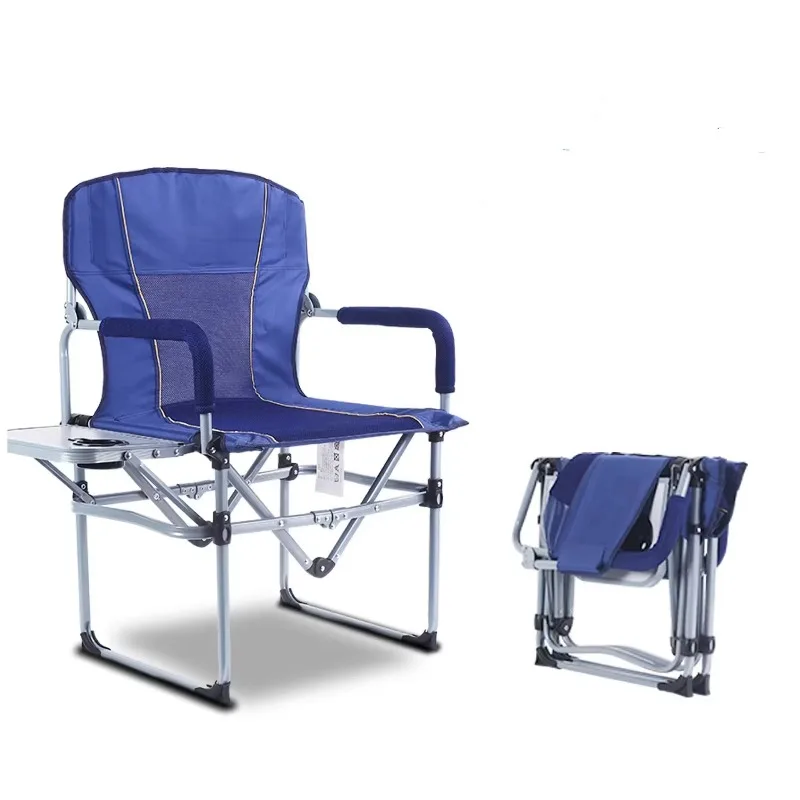 Outdoor folding leisure thickened folding steel camping chair, garden chair with side table, activity beach director chair