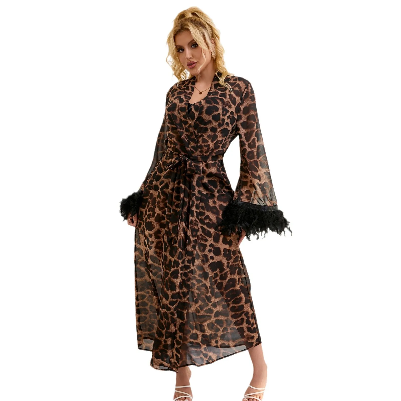 Plus Size Women Pajama Hot Wild Leopard Long Robe Nightgowns Erotic Sleepwear Sexy Adult  Night Dress M-5XL