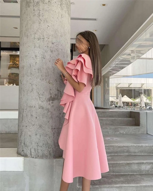Vintage Blush Pink Matte Satin Prom Party Dresses O neck Long Sleeves Modest Ruffles Knee Length Girls Formal Evening Dresses Evening Dresses AliExpress