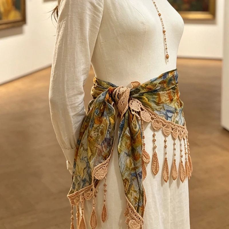 Vintage Floral Lace Hollow Tassel Waist Scarf Bohemian Crochet Fringe Wrap Belt Women Party Dress Sash Beach Cover‑Up Waistband view 4