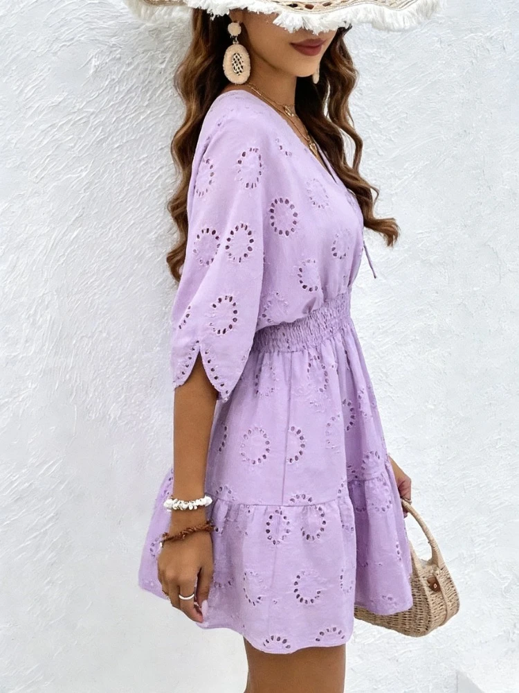 Women's Yellow V-Neck Half Sleeve Dress Eyelet Embroidery Smocked Waist Ruffle Short Dressl Summer Beach Vacation Party Dress