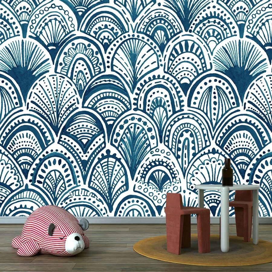 22+ Waterproof Navy Ornamental Tile Deco Wall Art Home Decor Peel and Stick Photo Wallpaper for Living Room Bed Renovation Mural
