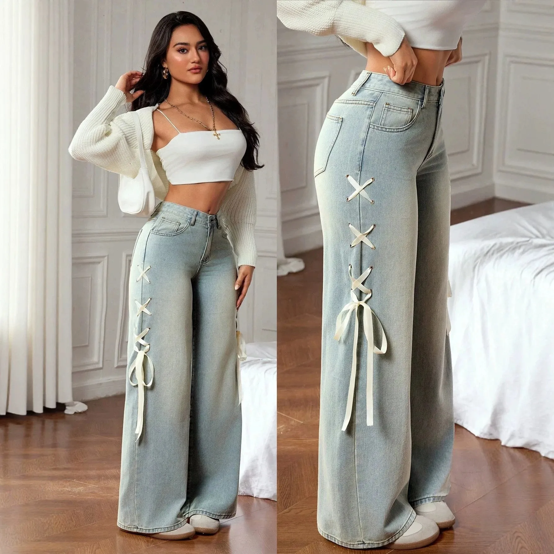 Y2k Baggy Jeans Women Flared High Waist Denim Pants Distressed Wide Leg Zipper Fly Denim Jeans Lace Up Side Light Wash Straight